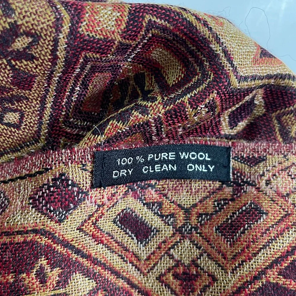 Vintage Pure Wool Pashmina Geometric Medallion Fringed Shawl Wrap Red Brown Gold